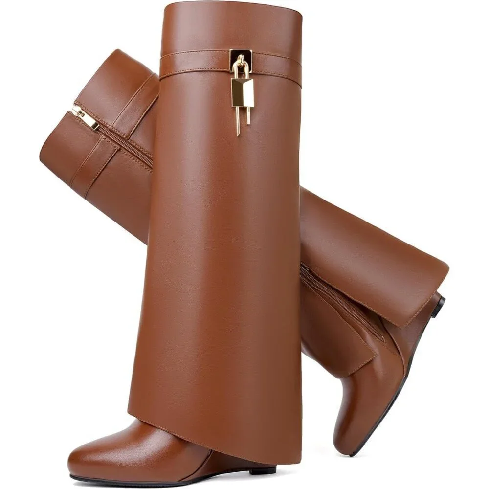 Women Faux Leather Brown Pull-on Wedge Heel Knee Shark Padlock Design Boot